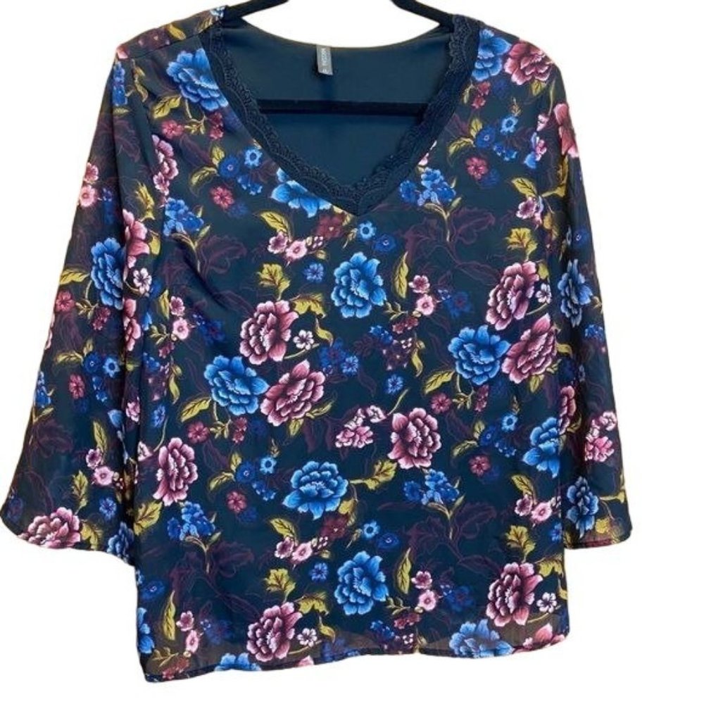 Massini Black Lace Trim V-Neck 3/4 Sleeve Floral Print Blouse - M